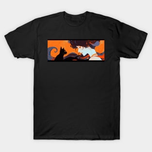 Woman and black cat (orange) T-Shirt